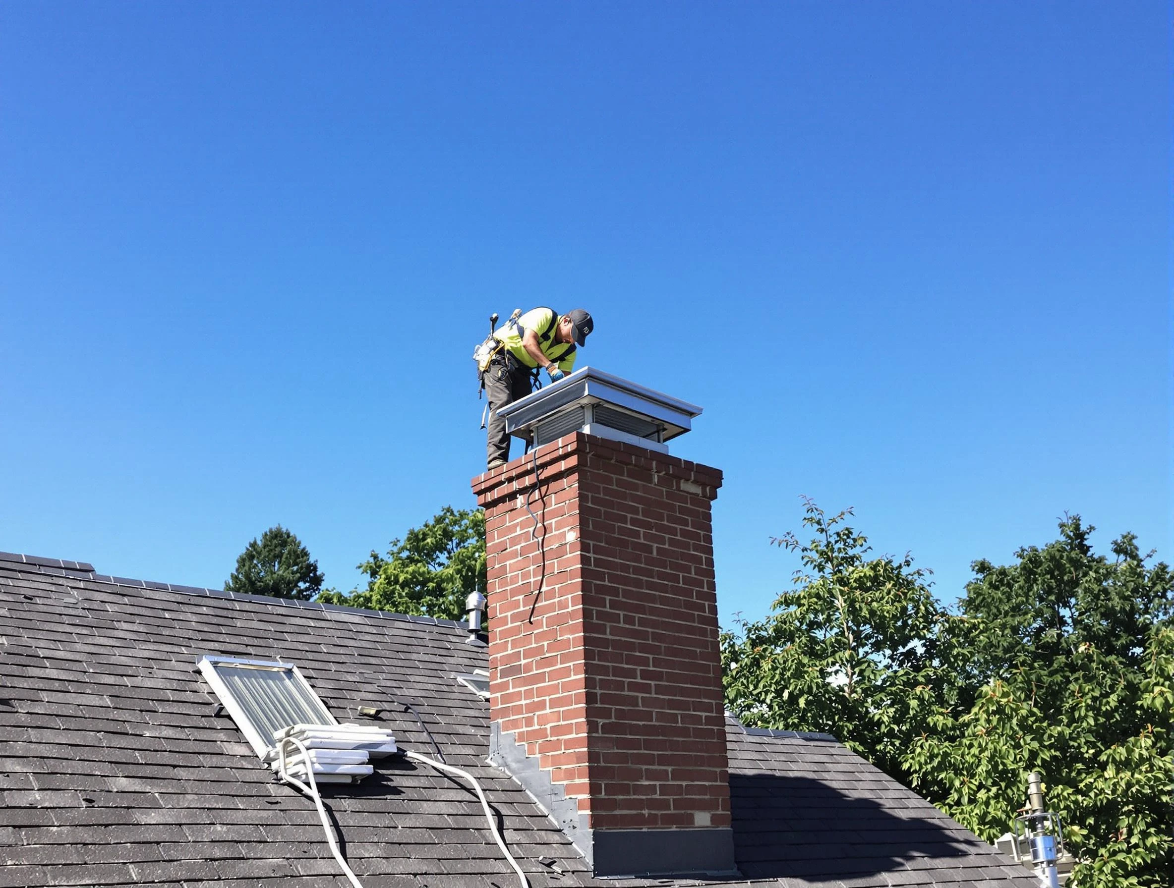 Layton Chimney Sweep technician measuring a chimney cap in Layton, UT