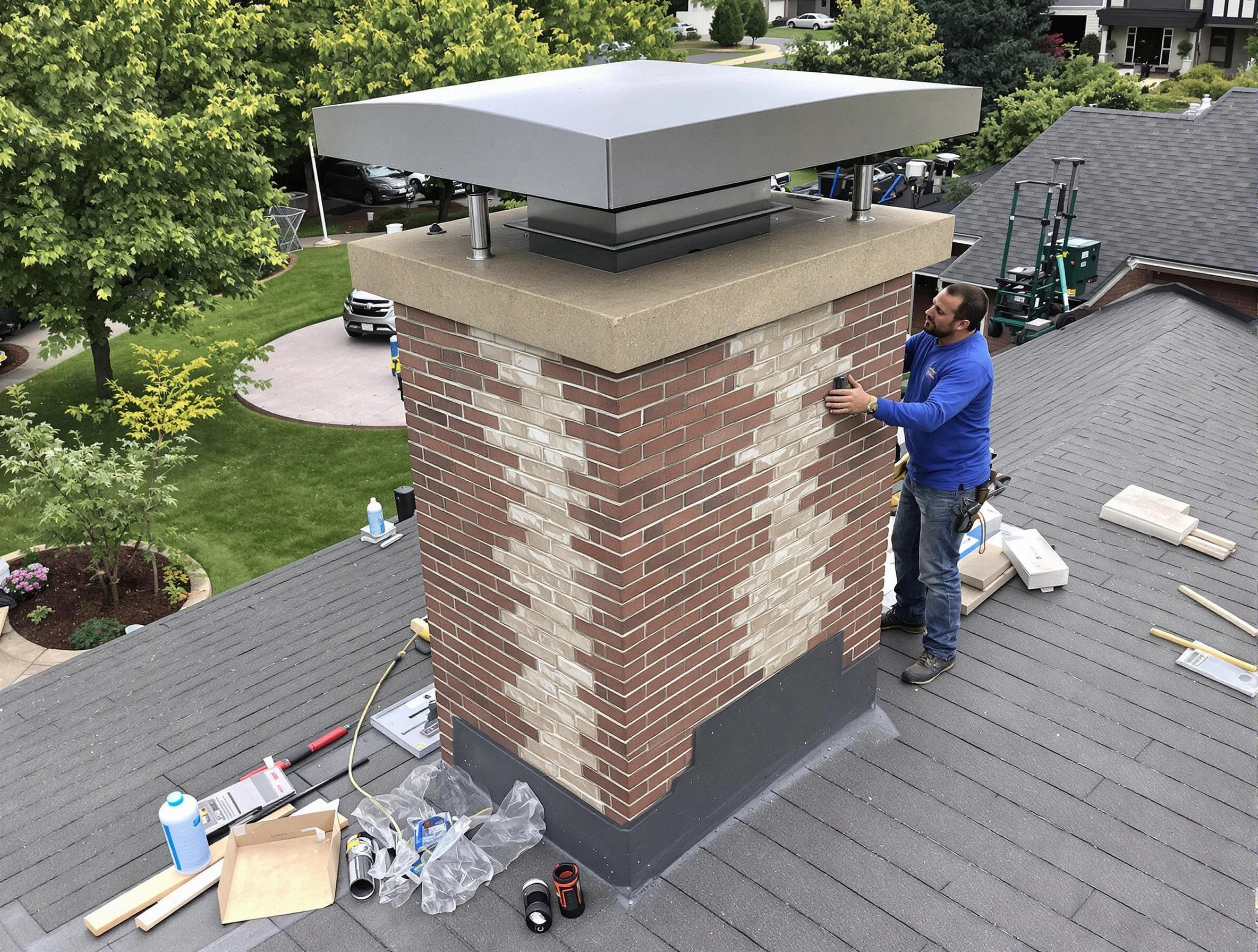 Layton Chimney Sweep team working on a custom chimney remodel in Layton, UT